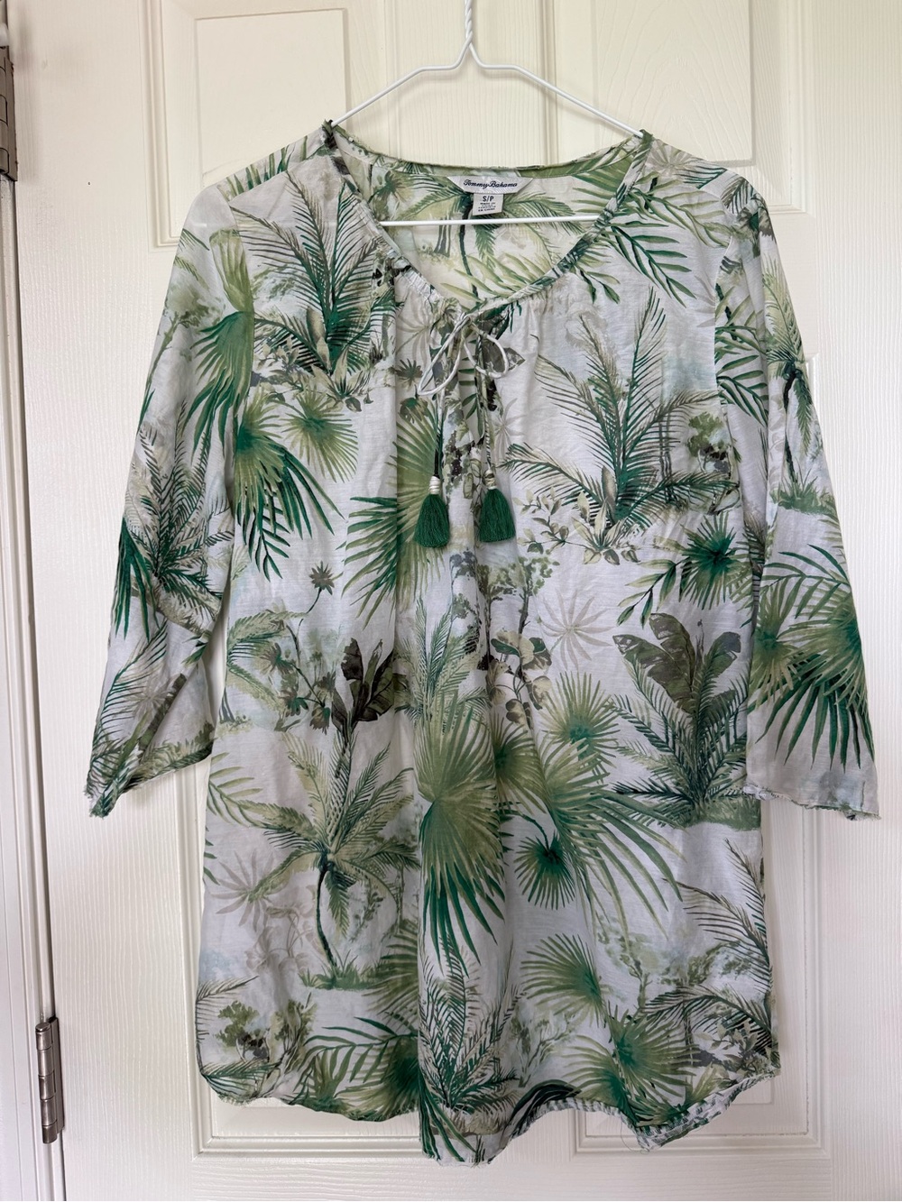 Tommy Bahama Green Palm Tree Print  Peasant Top with Tassel Tie Sz SP